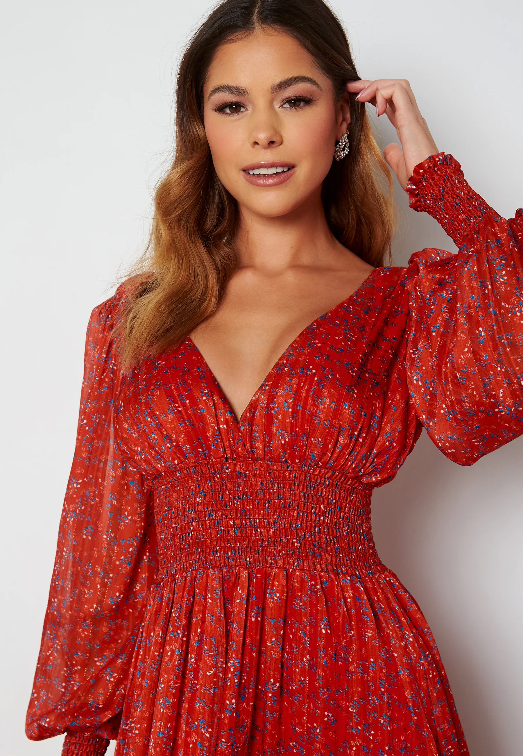 Ditsy Long Sleeve Shirred Maxi Dress - Image 4