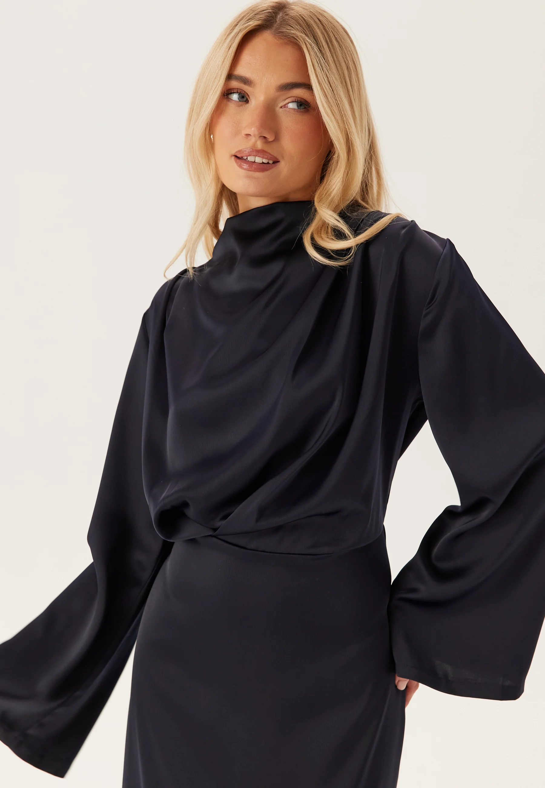 High Neck Wide Sleeve Satin Gown - Image 3